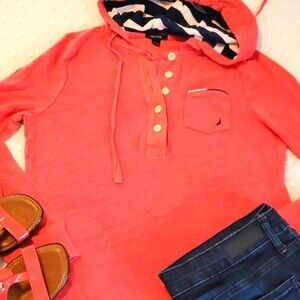 NAUTICA Coral Navy Weathered Hoodie Sweatshirt Coverup Beachy nautical Large